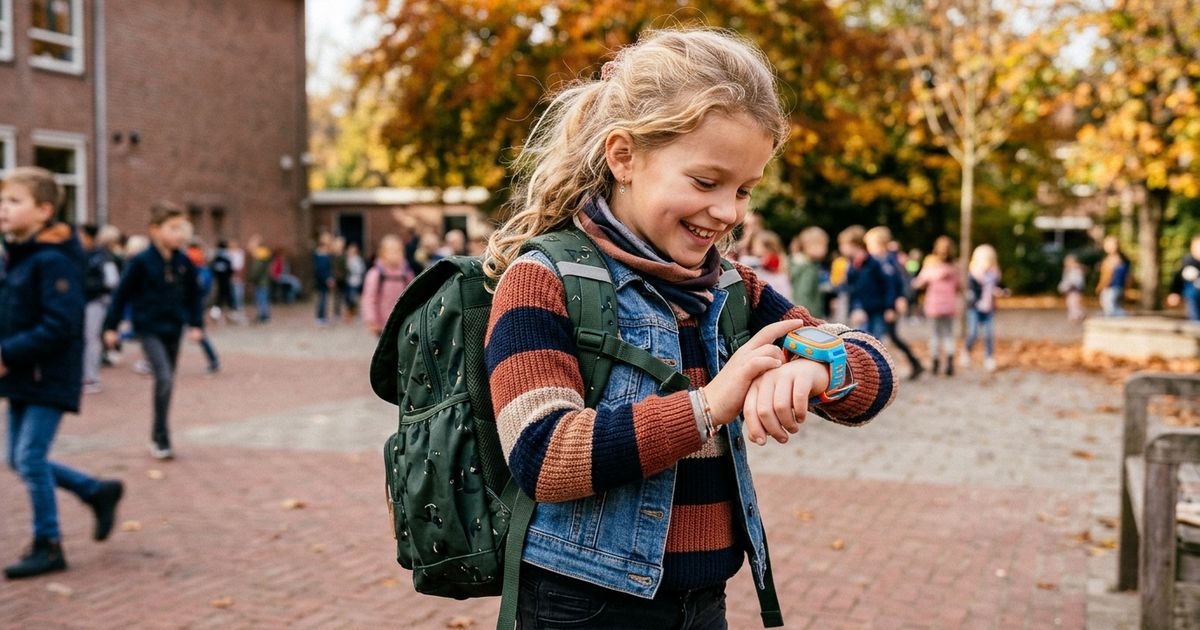 Meisje van ongeveer negen jaar laat haar ouder trots haar nieuwe smartwatch zien bij de voordeur