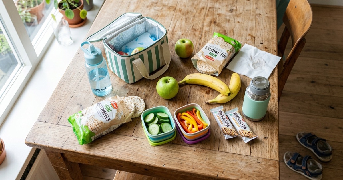 Snacks en drinkfles uitgespreid op een houten tafel: appels, bananen, rijstwafels, mueslirepen.