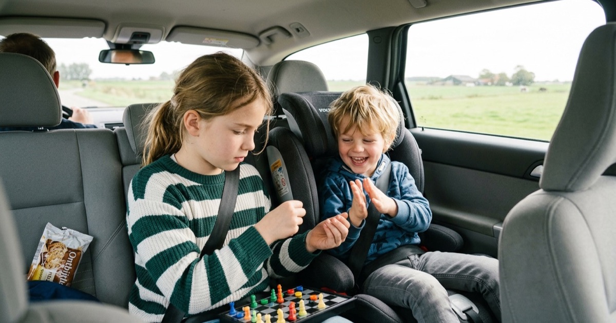 Twee kinderen op de achterbank spelen een handklap- of raadspel, een klein reisspel op de schoot.