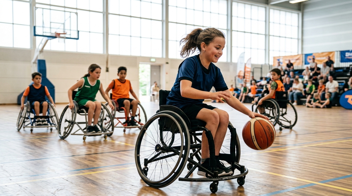 Kinderen spelen rolstoel-basketbal in Nederlandse sporthal — dragen sport-kleding voor wheelchair athletes