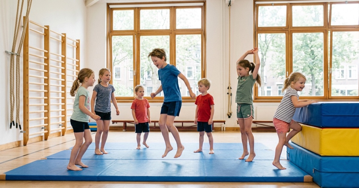 Kinderen van verschillende leeftijden bewegen samen in een lichte sportzaal met blote voeten op een mat.