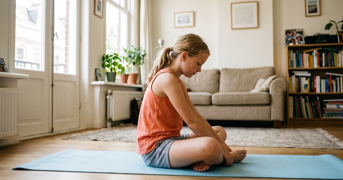 Tween-meisje in koraalkleurige sportvest doet stretchoefeningen op matje in een zonnige woonkamer.