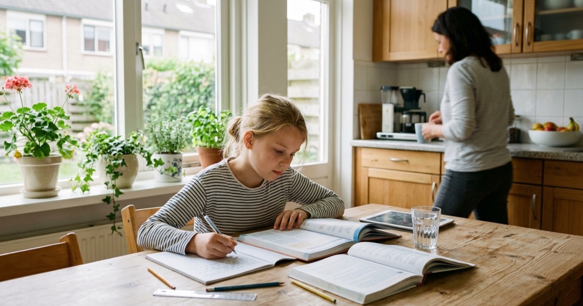 Meisje van tien werkt aan keukentafel aan haar werkstuk met boeken en notitieblok, ouder op achtergrond in keuken.
