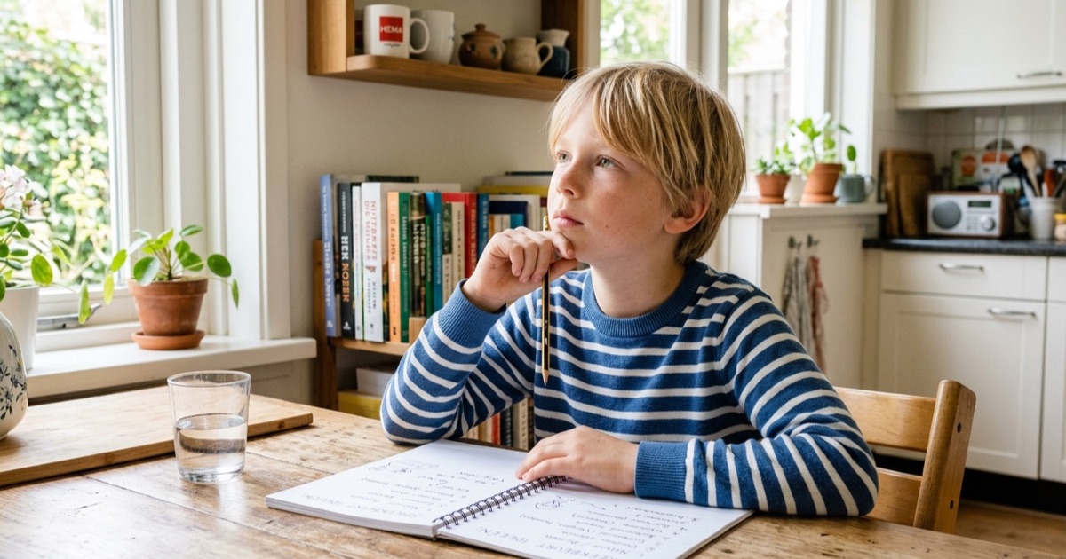 Jongen van tien aan keukentafel met notitieboek, denkend over zijn spreekbeurt-onderwerp.