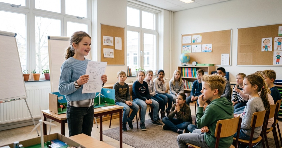 Kind van negen geeft spreekbeurt voor klasgenootjes in een lichte schoollokaal.