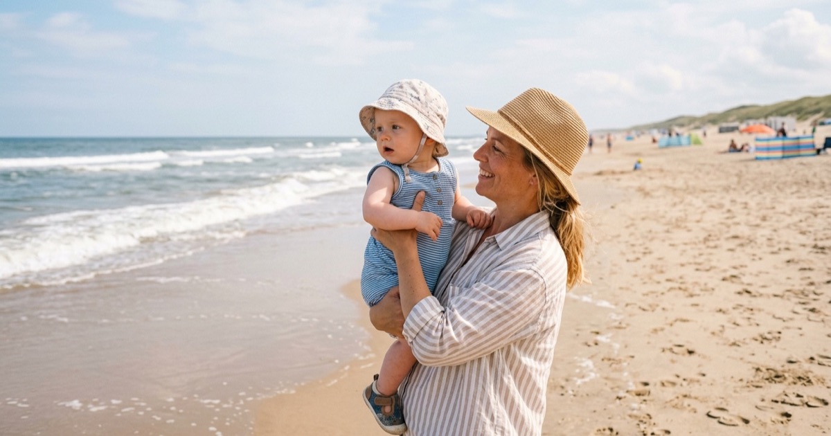 Een Nederlandse ouder houdt een baby met zonnehoed op de arm aan de Noordzee-vloedlijn bij zonnig weer