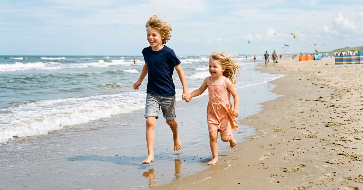 Twee Nederlandse kinderen rennen samen langs de vloedlijn van een Noordzee-strand met natte voetafdrukken in het zand