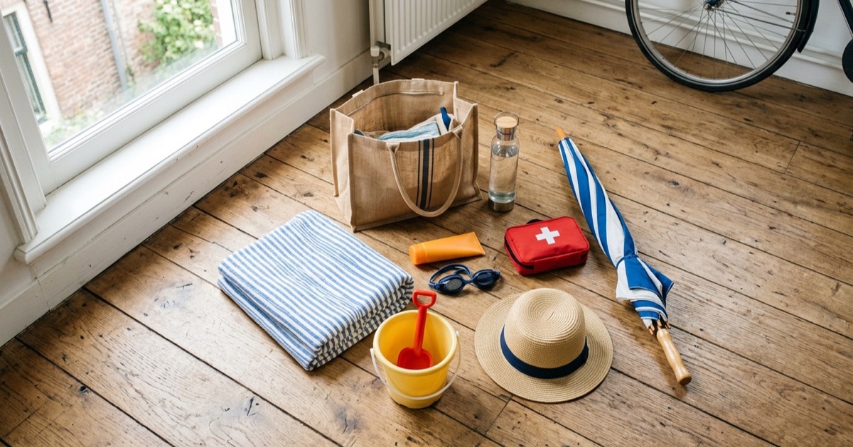 Strandpaklijst op een houten vloer met strandtas, gestreepte handdoek, gele emmer, parasol en zonnehoed bij daglicht