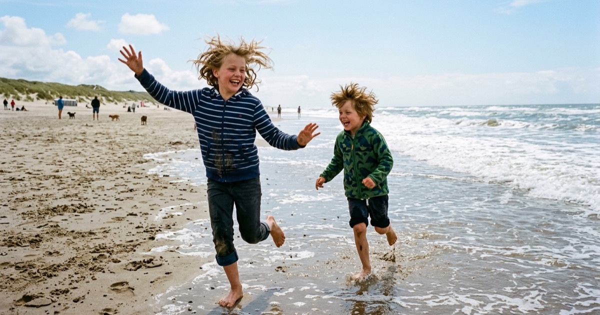 Vier Nederlandse kinderen vormen een kring op het natte strand van de Noordzee terwijl ze samen lachen