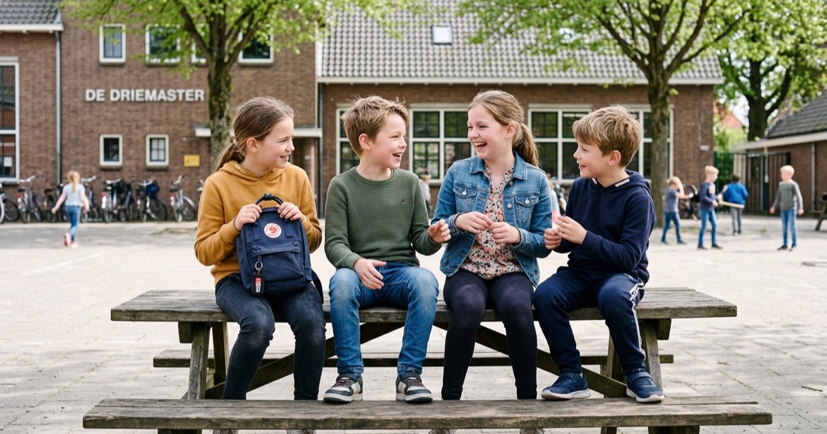 Kinderen zitten op een bankje op het schoolplein en praten gezellig met elkaar onder bomen.