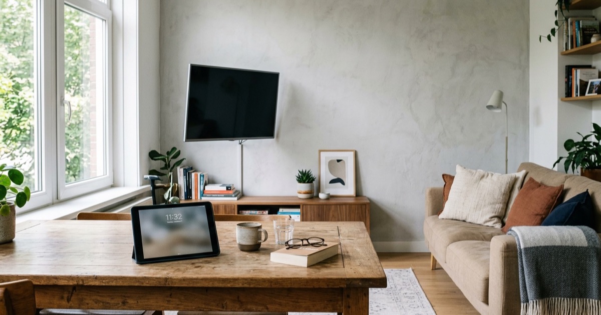 Tablet op een eettafel en flatscreen tv aan de muur naast elkaar in een rustige lichte woonkamer.
