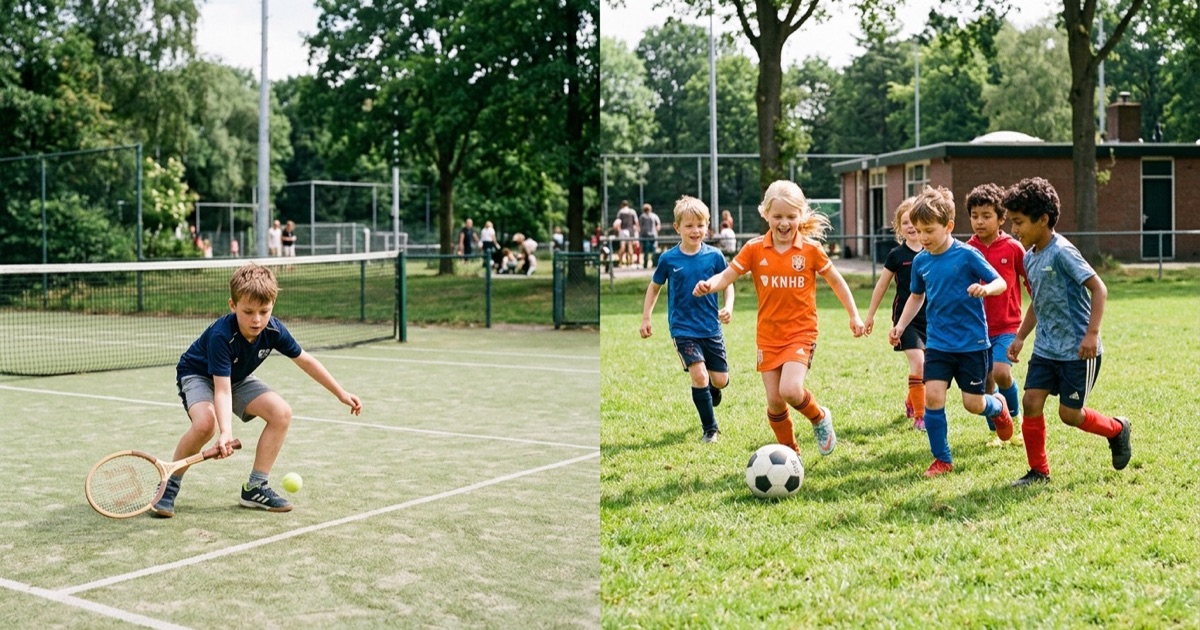 Kinderen spelen samen een teamsport op een veld, ernaast een kind dat individueel oefent op een tennisbaan.