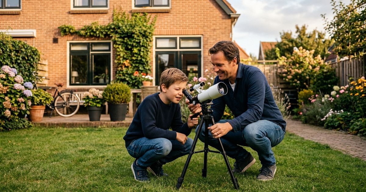 Vader en zoon zetten samen een kleine telescoop op een statief in de achtertuin klaar