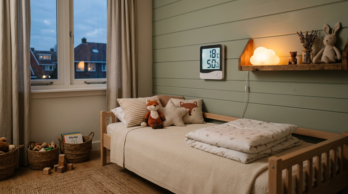 Digitale kamerthermometer op muur in kinderslaapkamer toont 18 graden en 50 procent vochtigheid bij zacht avondlicht.
