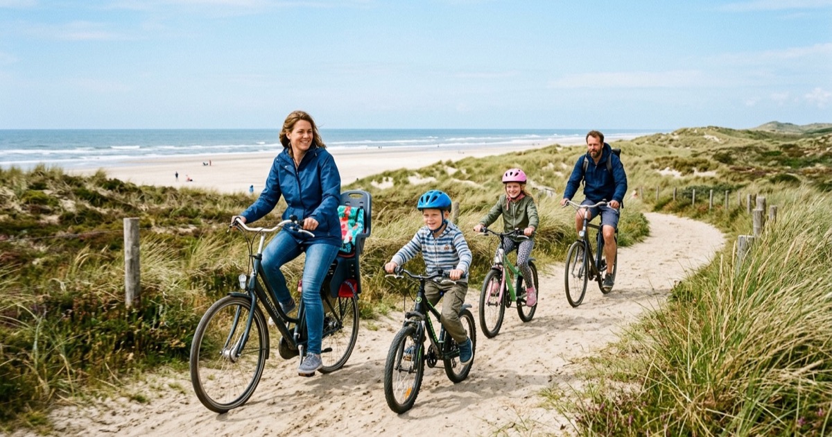 Een Nederlands gezin fietst langs een sandig duinpad richting een breed Terschellings strand