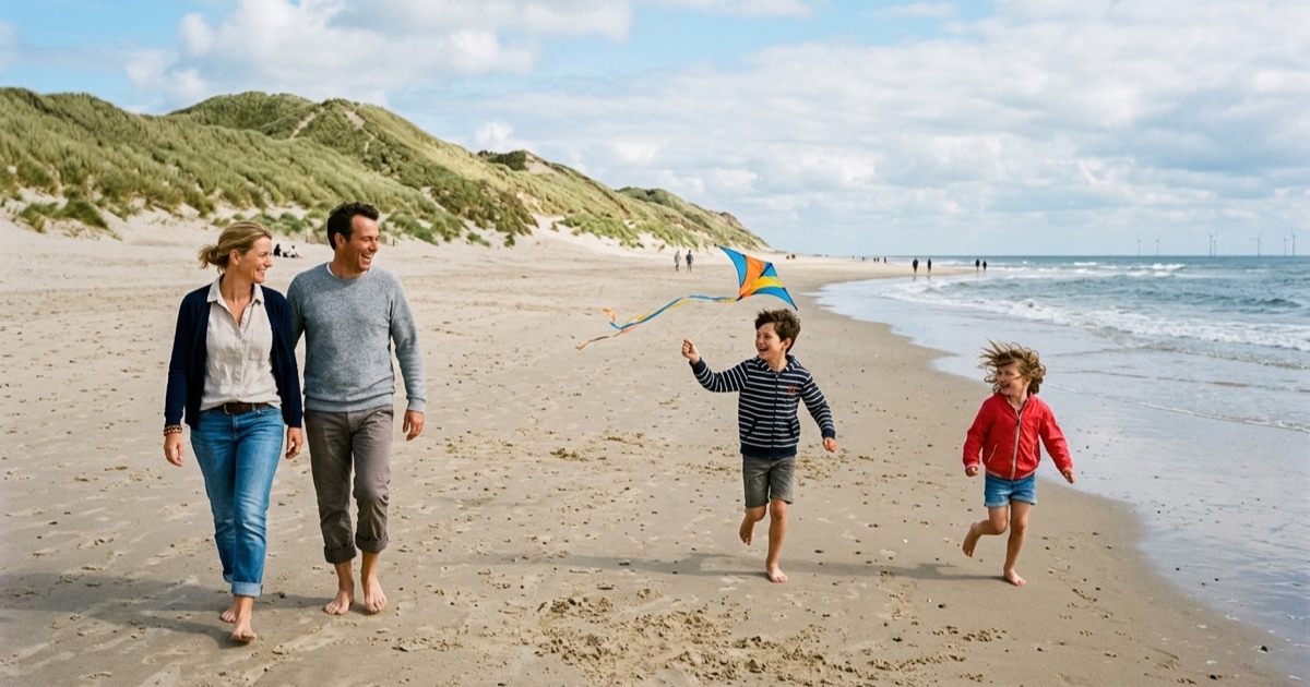 Een Nederlands gezin loopt over een breed Texels strand met duinen en helmgras op de achtergrond