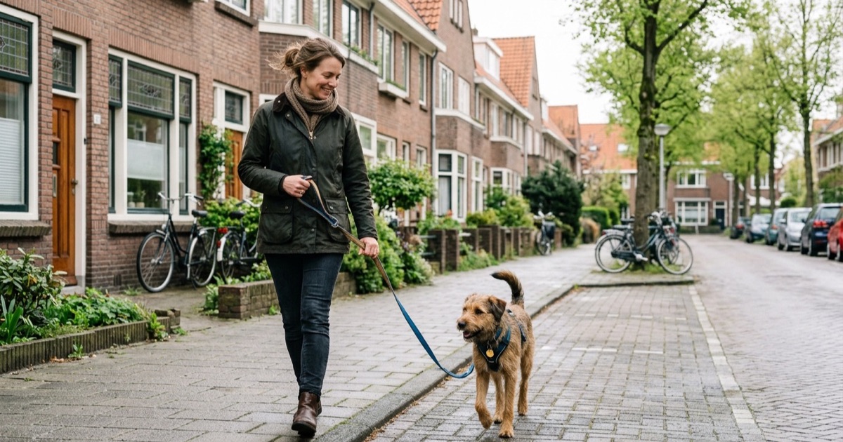 Een Nederlandse ouder laat een vriendelijke hond uit in een rustige woonstraat met rijtjeshuizen