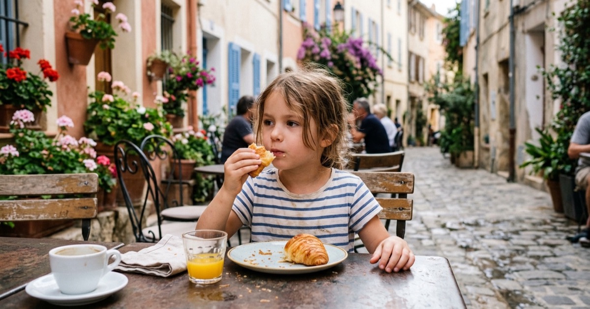 Kind eet ontbijt op een terras met laagstaande ochtendzon tijdens een Europese vakantie.