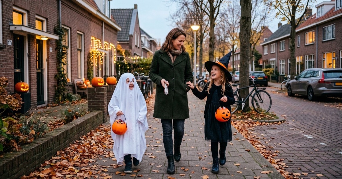 Een ouder loopt met twee kinderen in halloween-kostuum over een Nederlandse straat in de avondschemer.