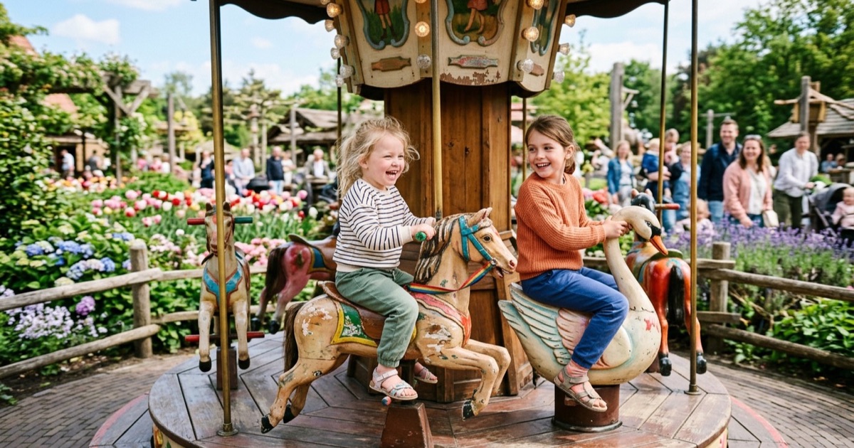 Twee Nederlandse kinderen rijden op een houten carrousel in een Brabants familiepark