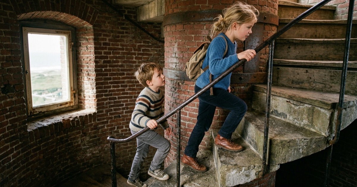 Twee Nederlandse kinderen kijken naar de zee vanaf de vuurtoren van Vlieland