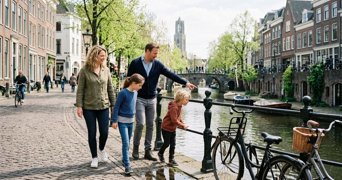 Een Nederlandse familie wandelt langs een Utrechtse gracht met de Domtoren op de achtergrond
