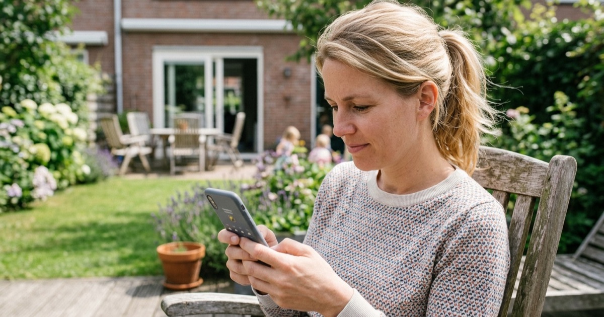 Ouder kijkt op een telefoon naar een weerapp met UV-index in de tuin.