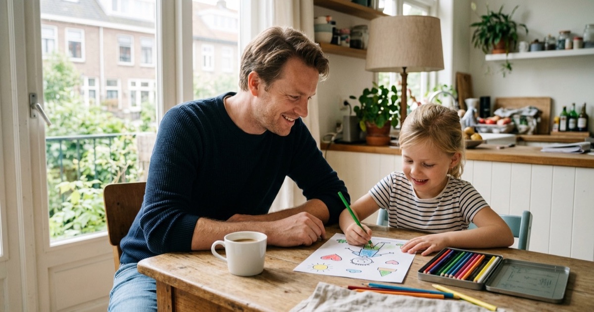 Vader en kind kleuren samen een vaderdag kleurplaat aan een zonnige keukentafel