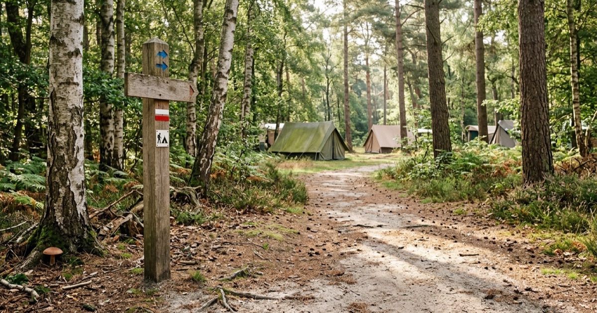 Bospad met houten bewegwijzering op een rustige natuurcamping in dappel zonlicht.