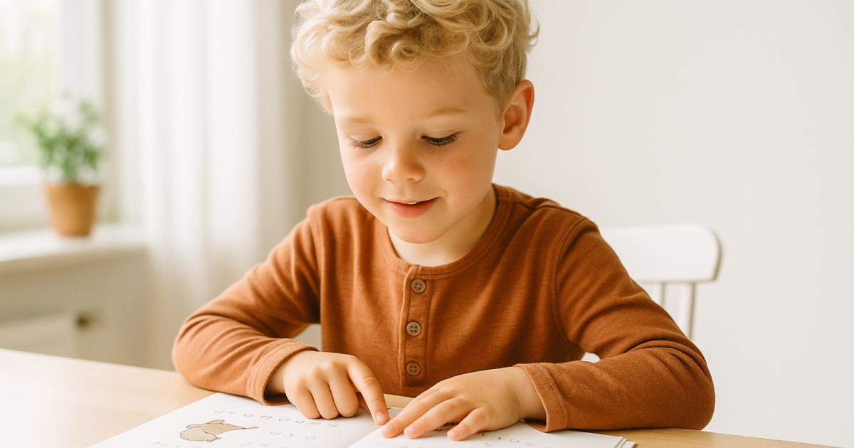 Kind in groep 3 oefent zelfstandig lezen uit een leesboekje aan de tafel thuis