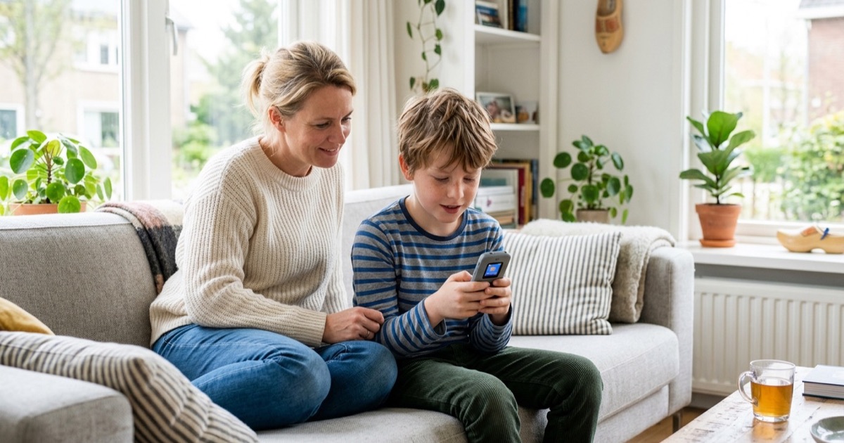 Kind van een jaar of tien zit met een simpele telefoon op de bank naast een ouder.