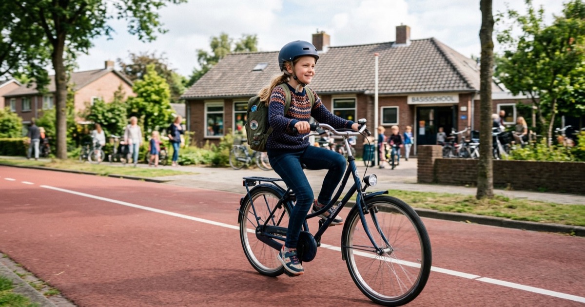 Kind fietst op een rood Nederlands fietspad richting school met huizen op de achtergrond.