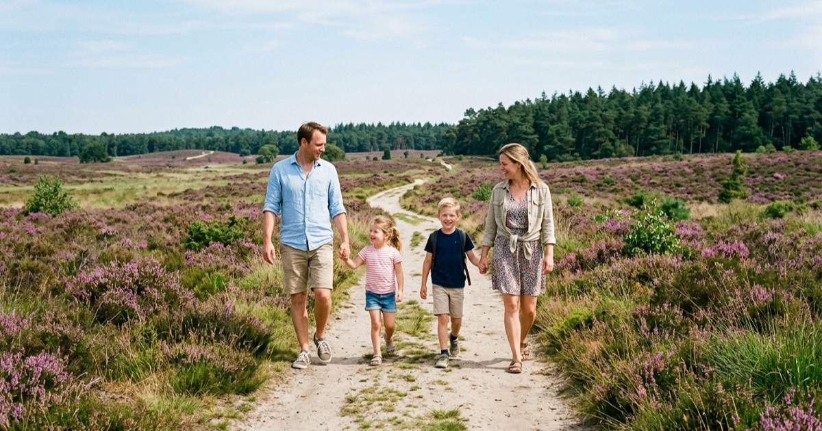 Een Nederlandse familie wandelt over een paarse heide op de Veluwe met dennenbomen op de achtergrond