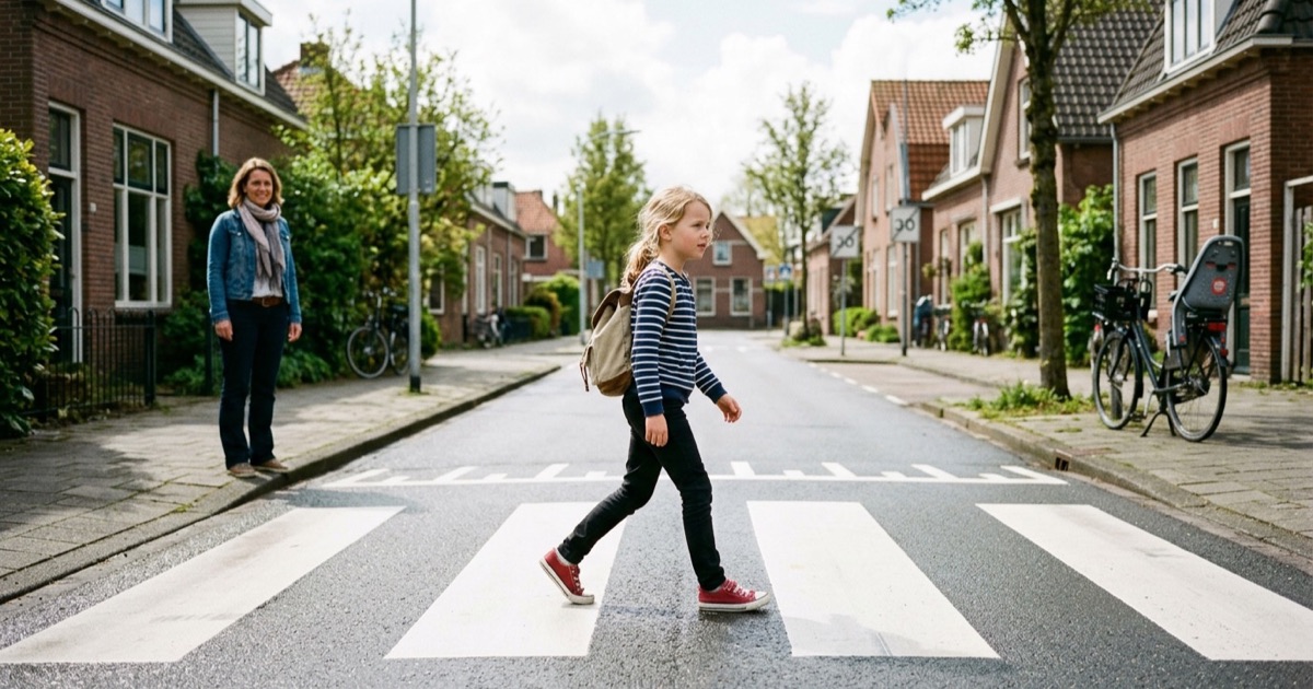 Kind van ongeveer negen jaar steekt over op een zebrapad in een Nederlandse buurt met een ouder iets terug op de stoep.