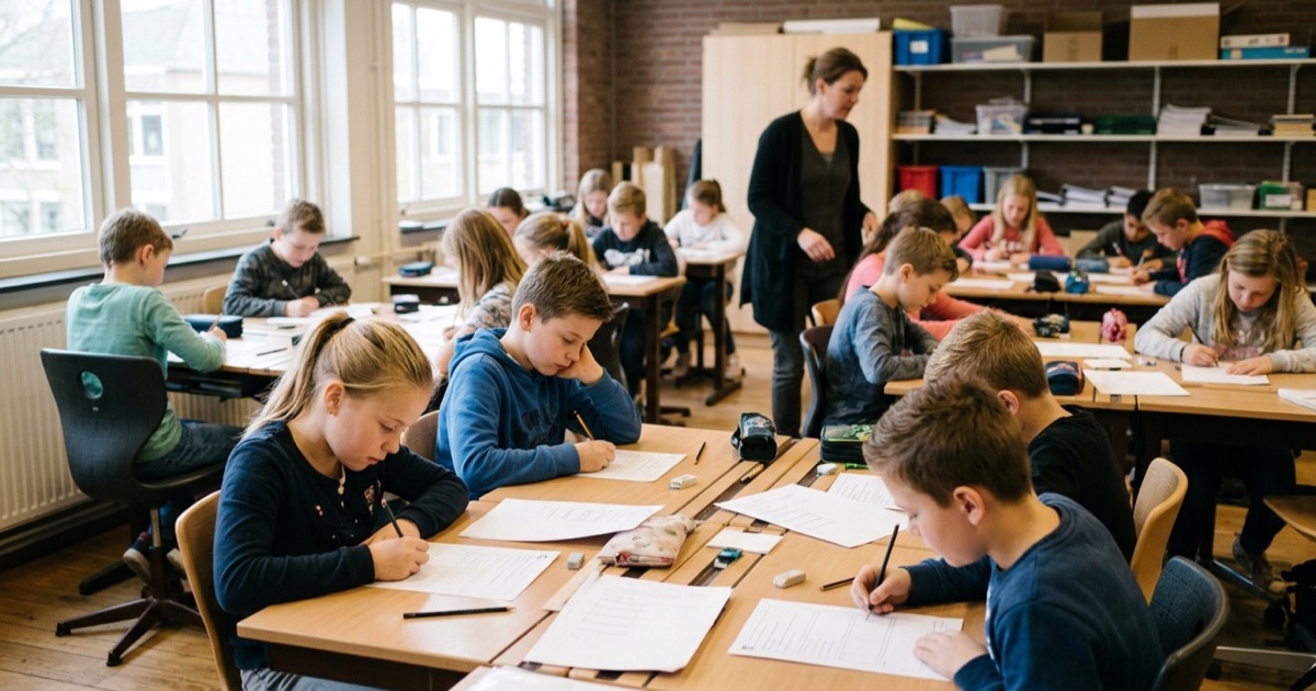 Leerlingen van groep 7-8 zitten in de klas geconcentreerd te schrijven aan een toets.