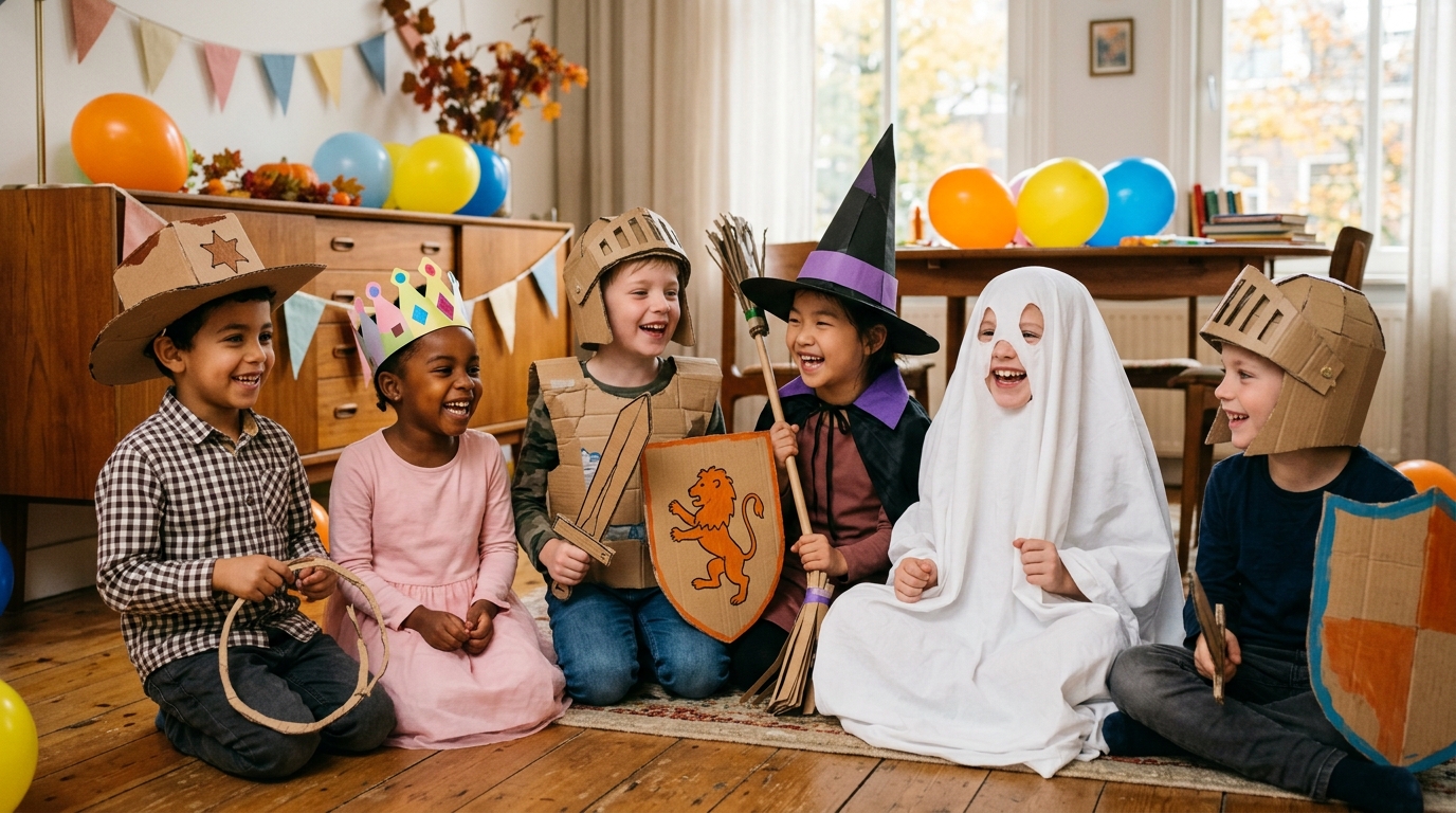 Nederlandse kinderen verkleed in zelfgemaakte kostuums lachen tijdens een verjaardagsfeest of carnavalsmoment in een gezellige woonkamer.