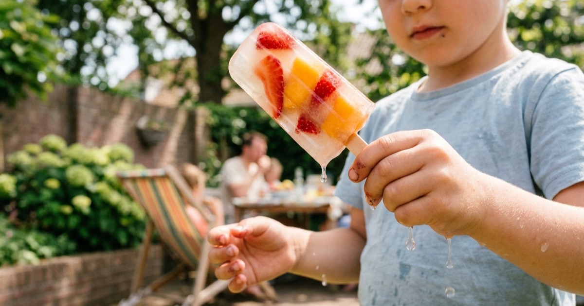 Een kind houdt een zelfgemaakte fruit-popsicle vast in de Nederlandse achtertuin op een zonnige dag