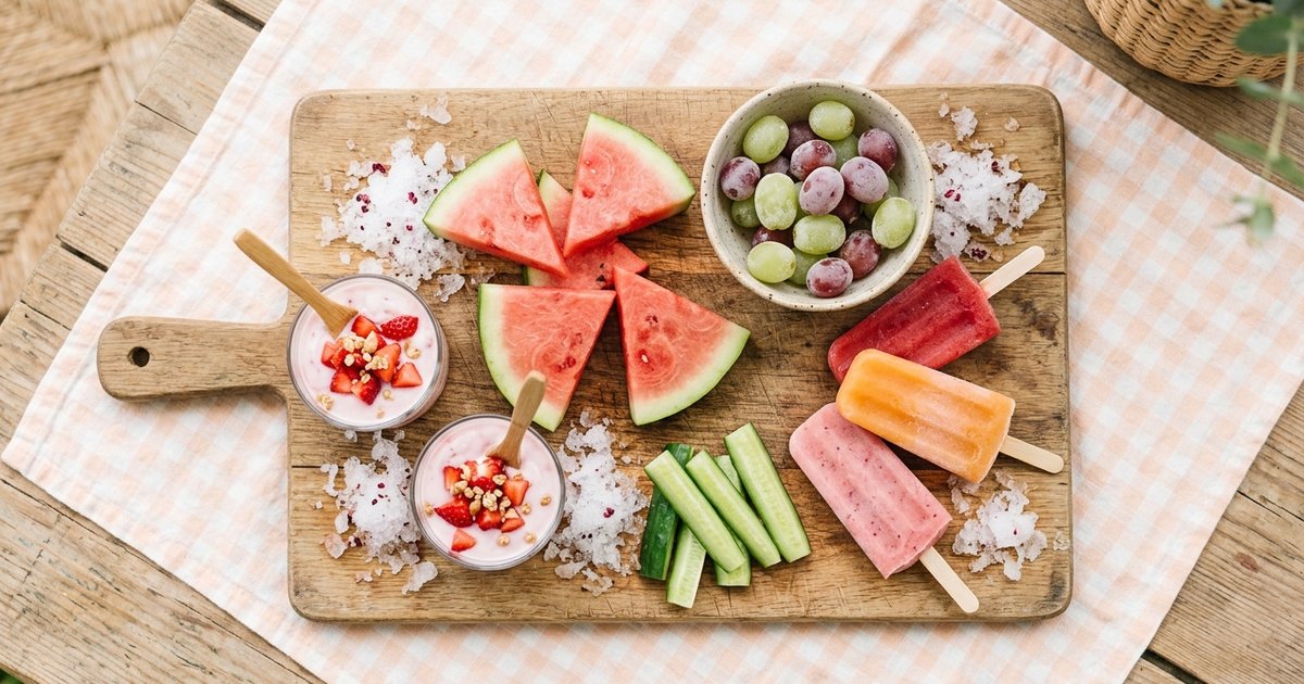 Bordje met fruit-ijsjes, watermeloen-driehoekjes en bevroren druiven voor peuters en kleuters