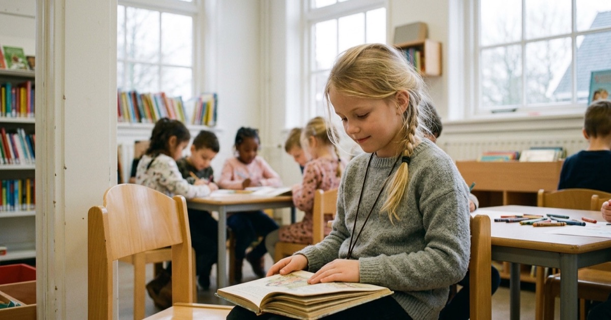 Een Nederlands meisje van acht zit rustig met een boek aan de zijkant van een licht klaslokaal, andere kinderen op de achtergrond.