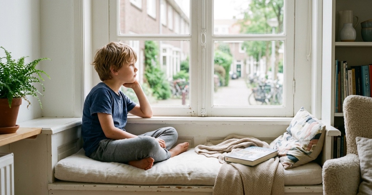 Kind zit op vensterbank en staart rustig naar buiten met een rustig gezichtje.