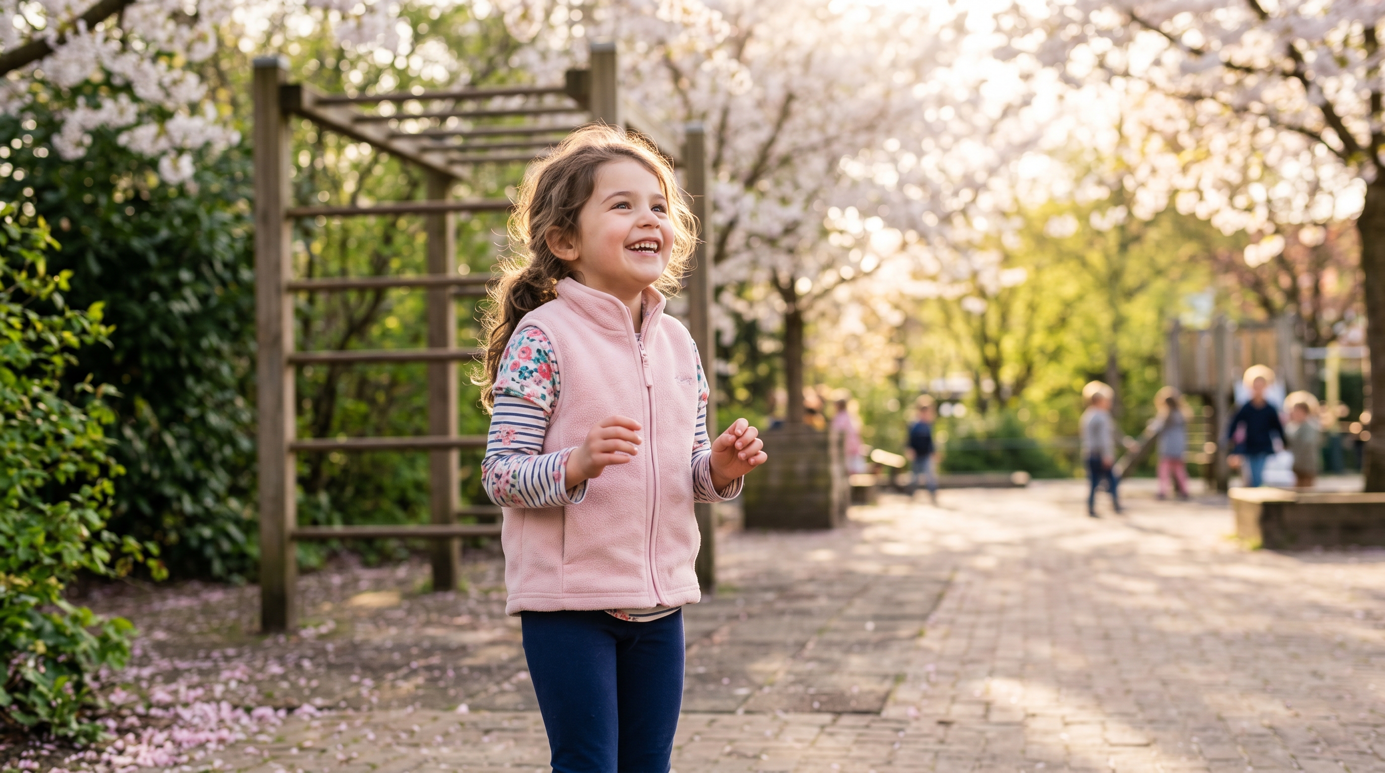 Vrolijk kind in lichtroze vest met bloesem-takken op een lente-schoolplein.
