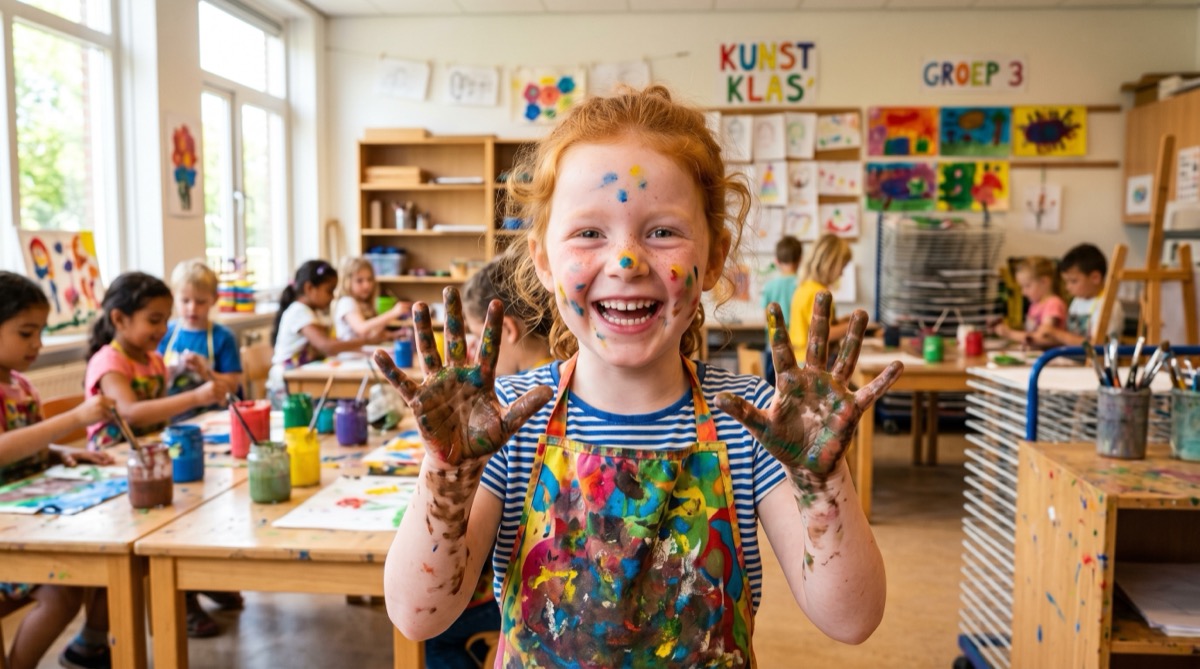 Lachend basisschoolmeisje met rood haar in schilderschort, verf aan haar handen, in een schoolatelier.