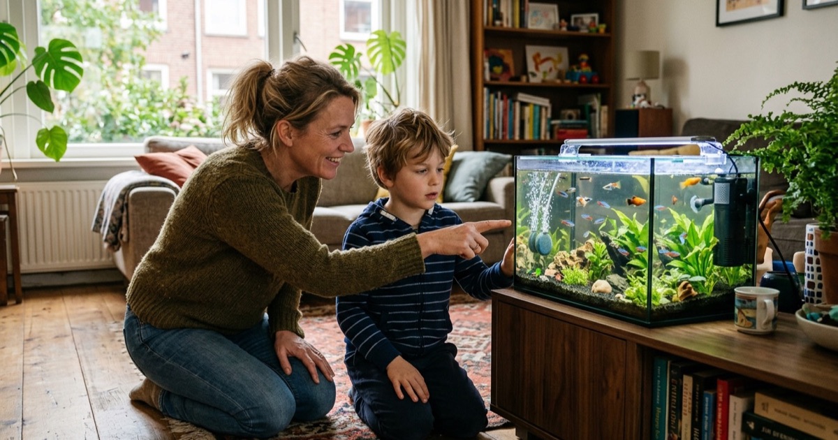 Een Nederlandse ouder en kind kijken samen geknield naar een tropisch aquarium in de woonkamer