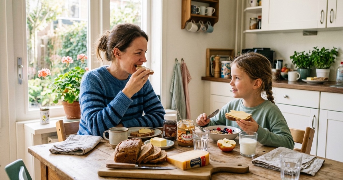 Moeder en dochter van acht ontbijten samen aan een zonnige keukentafel met bruin brood, kaas en fruit.