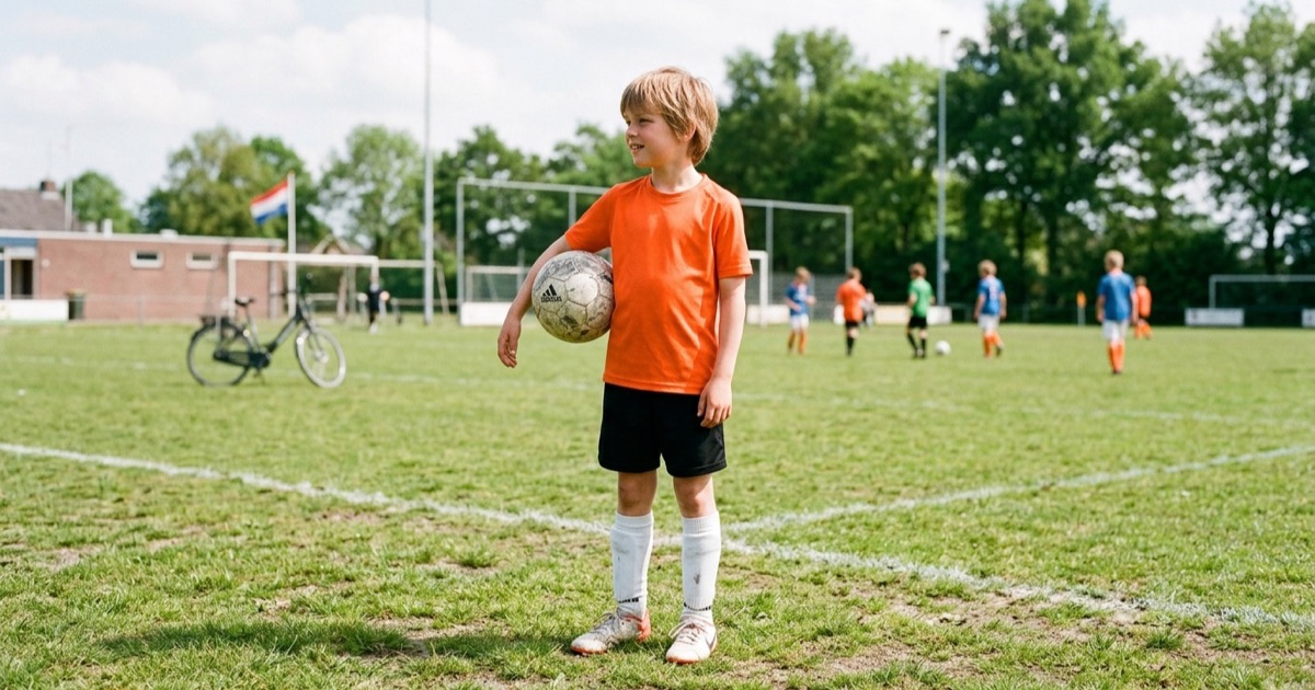 Jongen in oranje voetbalshirt en zwarte short staat op een grasveld met een voetbal onder zijn arm.