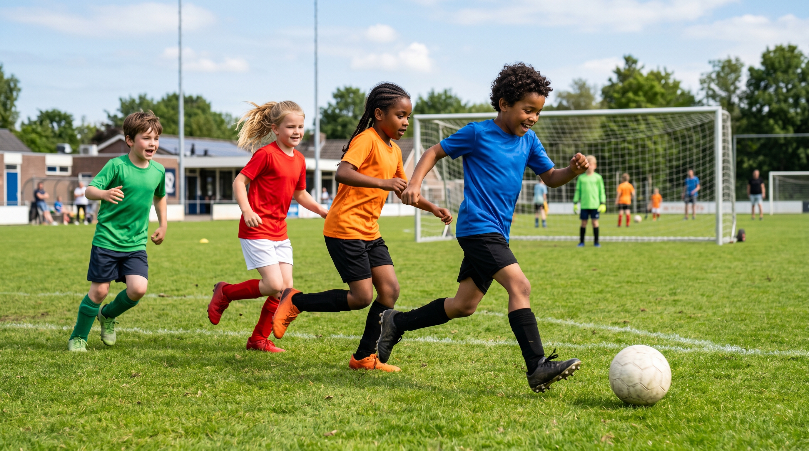 Diverse kinderen voetballen op groen grasveld bij sportclub op zonnige dag, met goalpost.