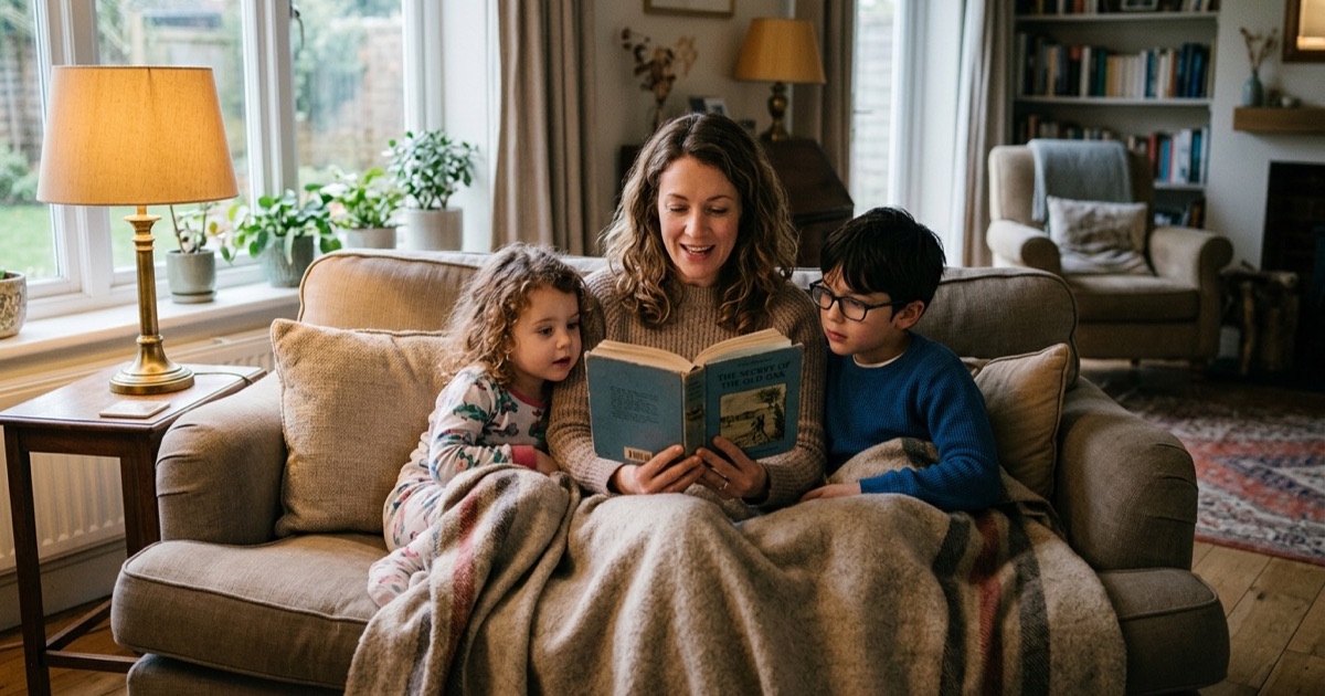 Ouder leest voor aan twee kinderen op bank onder zachte deken in woonkamer