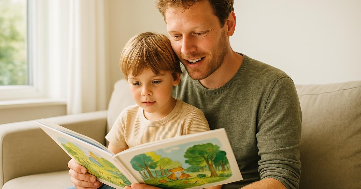Ouder leest voor aan kind op de bank met een prentenboek open op schoot