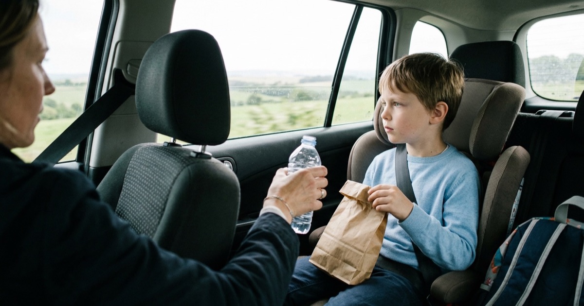 Kind in autostoeltje kijkt naar buiten, ouder reikt fles water aan vanaf voorstoel.