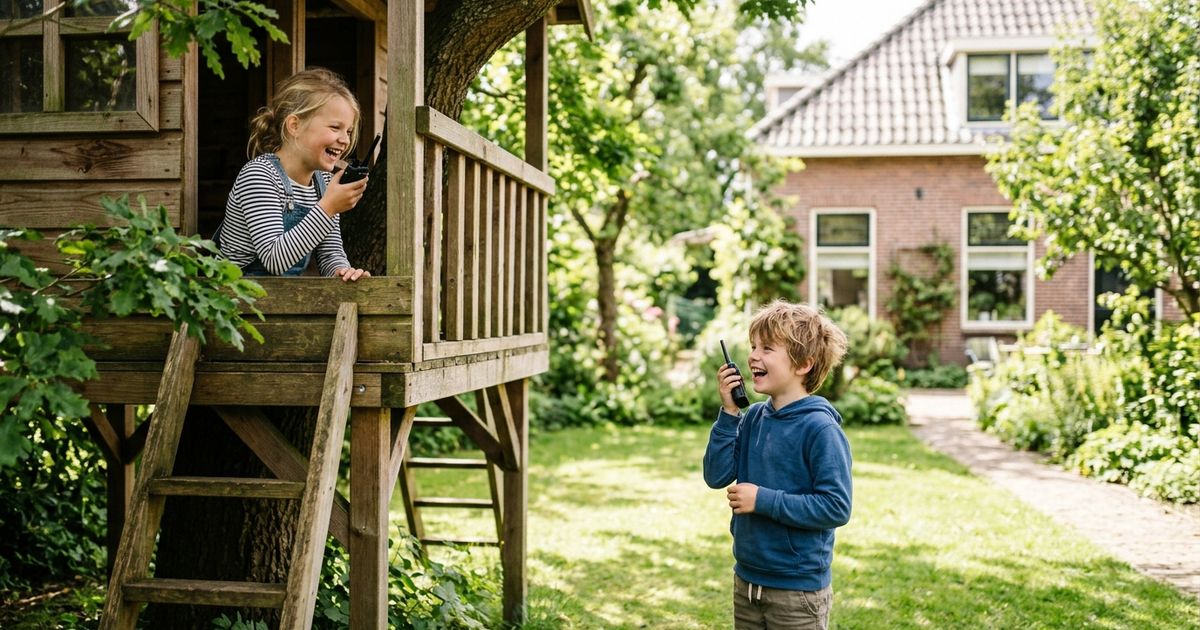 Twee kinderen in een Nederlandse achtertuin praten lachend met elkaar via felgekleurde walkietalkies